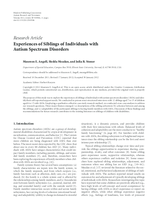 (PDF) Experiences of Siblings of Individuals with Autism Spectrum Disorders