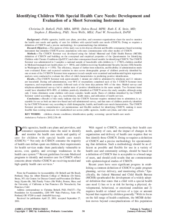 (PDF) Identifying Children With Special Health Care Needs: Development ...