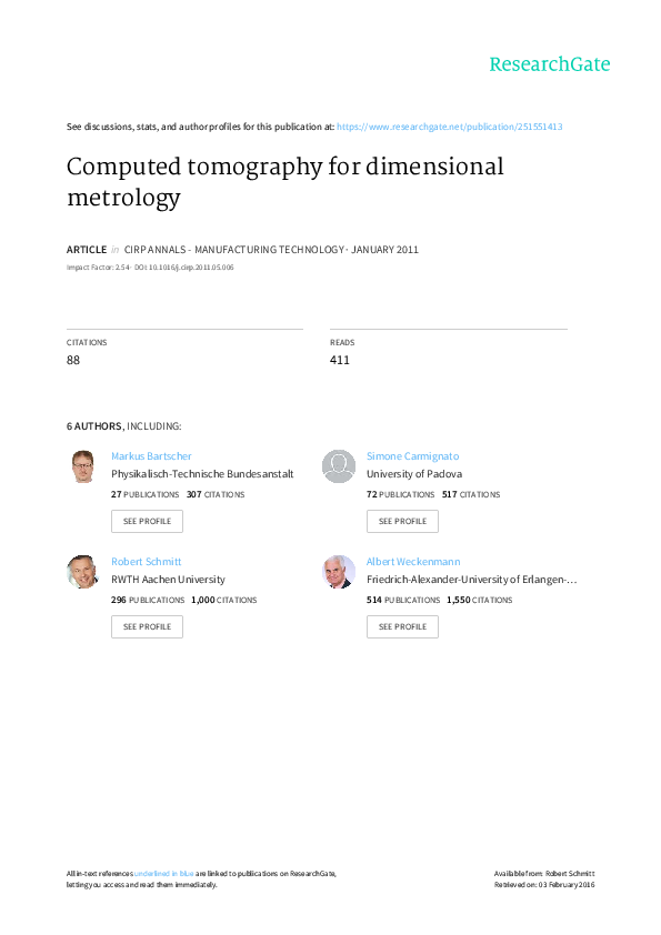 (PDF) Computed tomography for dimensional metrology