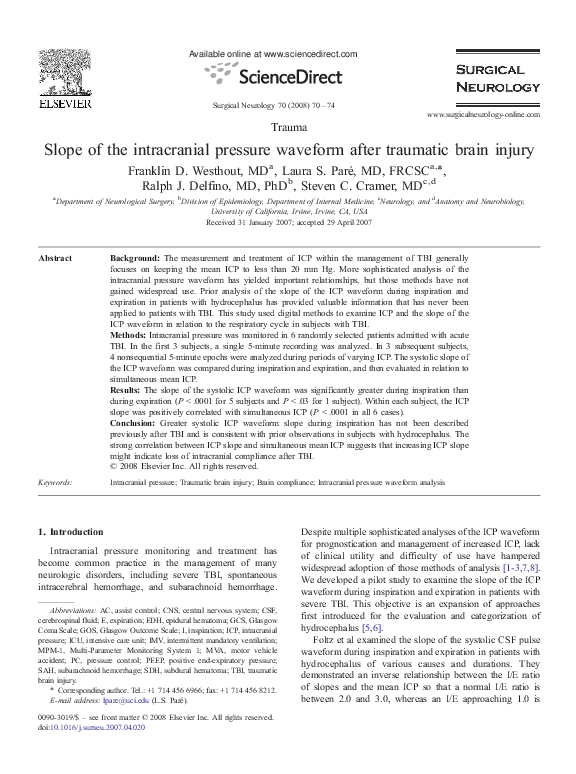 (PDF) Slope of the intracranial pressure waveform after traumatic brain ...