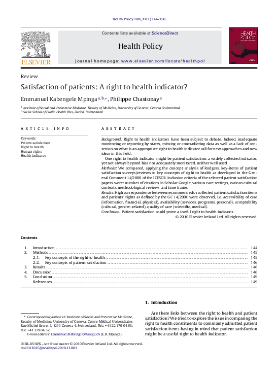 (PDF) Satisfaction of patients A right to health indicator? Emmanuel