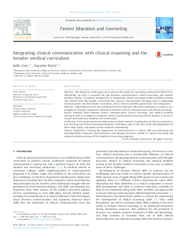 (PDF) Integrating clinical communication with clinical reasoning and ...
