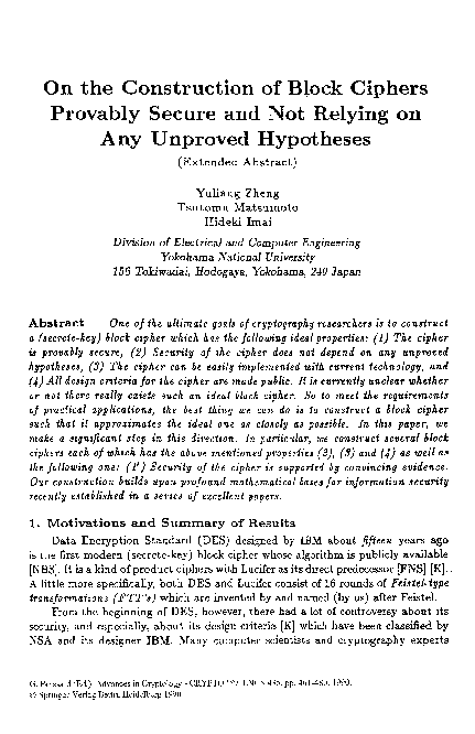 (PDF) On the construction of block ciphers provably secure and not ...