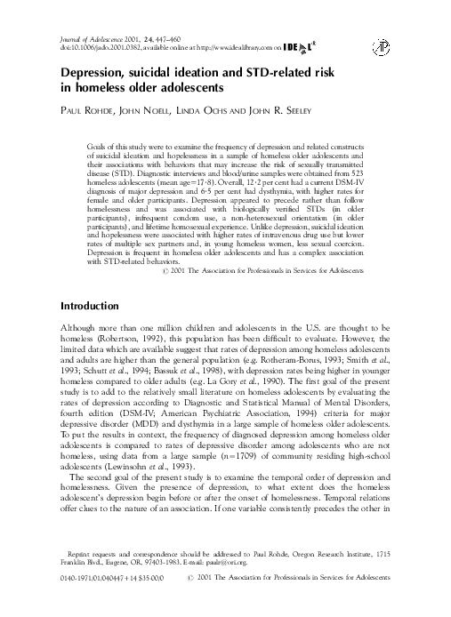 (PDF) Depression, suicidal ideation and STD-related risk in homeless ...