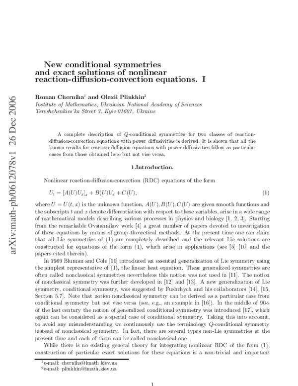 (PDF) New conditional symmetries and exact solutions of reaction ...