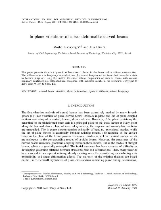 (PDF) In‐plane vibrations of shear deformable curved beams moshe