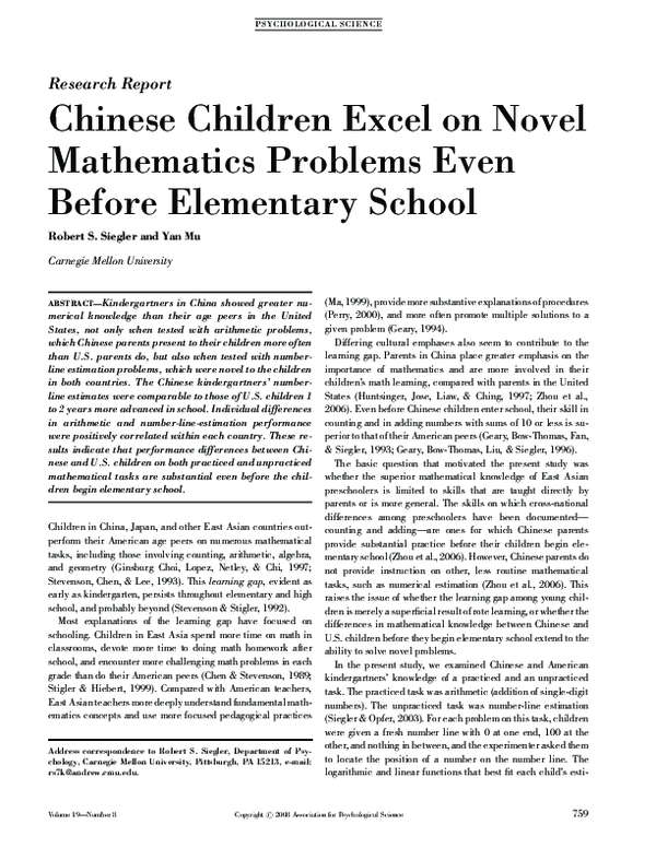 (PDF) Chinese Children Excel on Novel Mathematics Problems Even Before ...