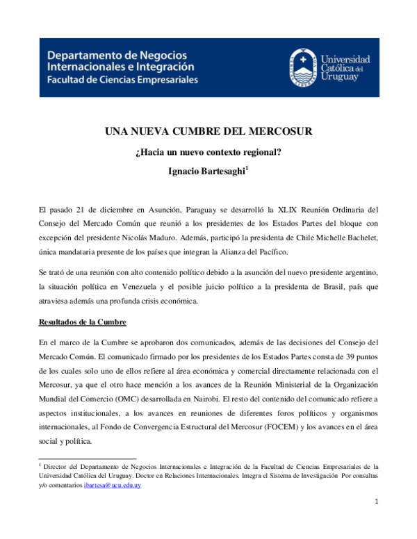 (PDF) UNA NUEVA CUMBRE DEL MERCOSUR ¿Hacia un nuevo contexto regional