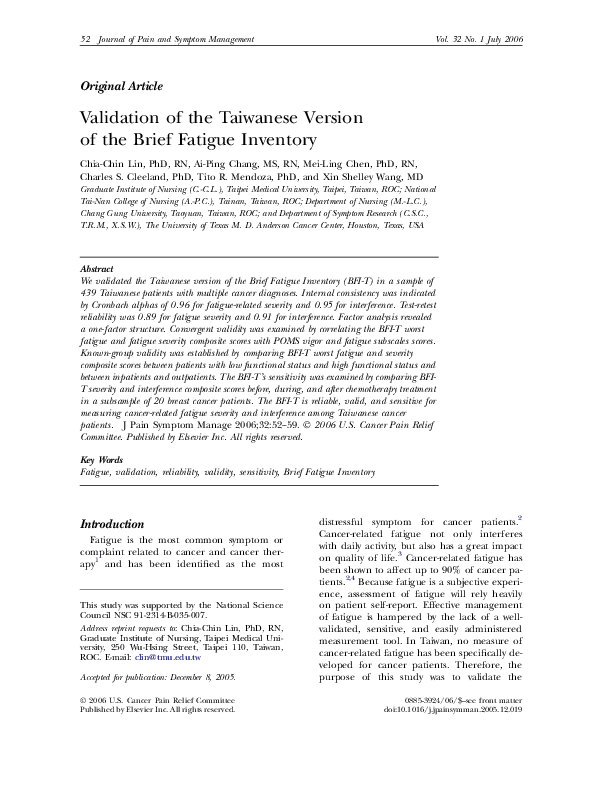 (PDF) Validation of the Taiwanese Version of the Brief Fatigue Inventory