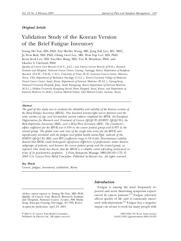 (PDF) Validation study of the korean version of the brief fatigue inventory