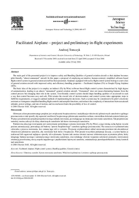 (PDF) Facilitated Airplane – project and preliminary in-flight experiments