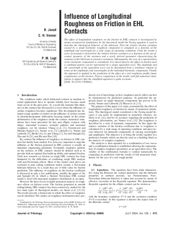 (PDF) Influence of Longitudinal Roughness on Friction in EHL Contacts