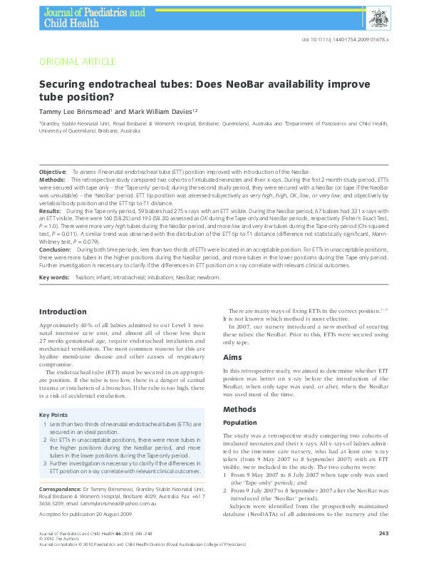 (PDF) Securing endotracheal tubes Does NeoBar availability improve