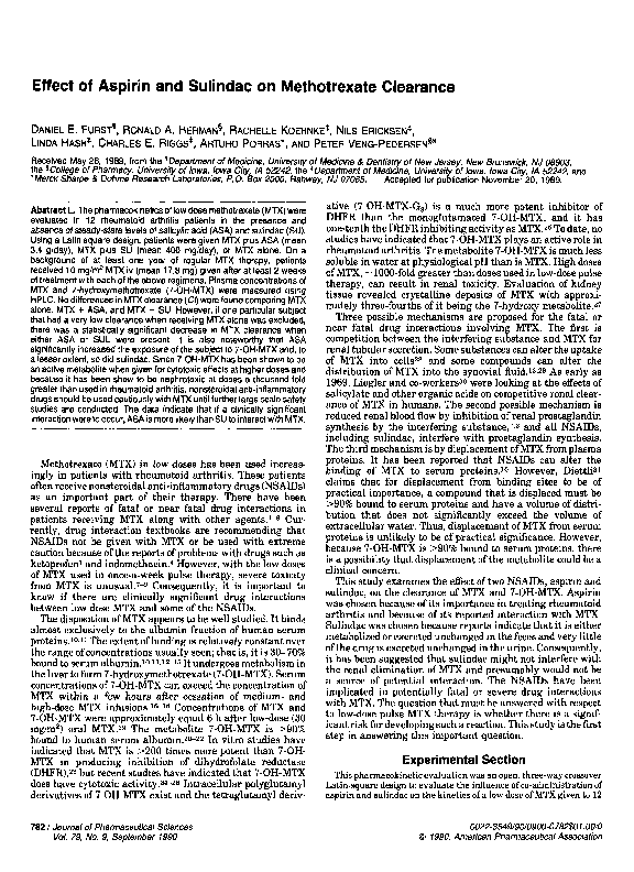 (PDF) Effect of aspirin and sulindac on methotrexate clearance Ronald