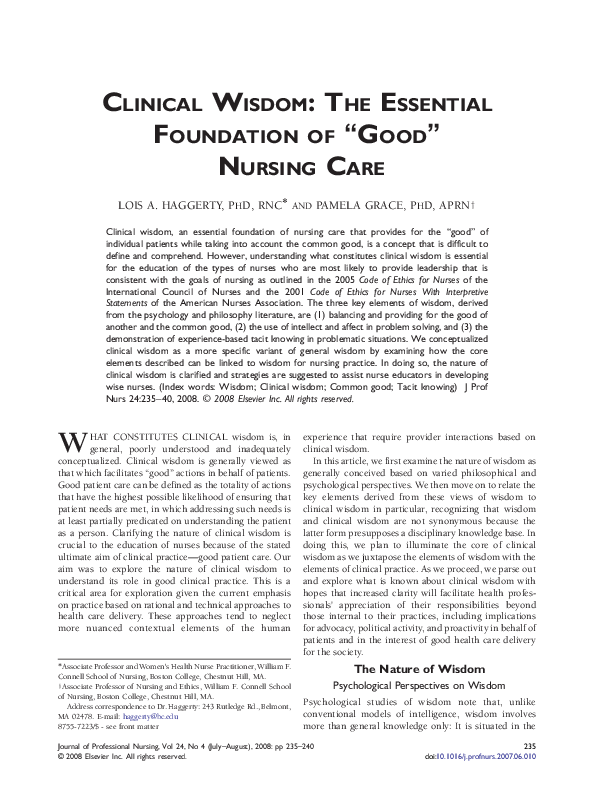 (PDF) Clinical Wisdom: The Essential Foundation of “Good” Nursing Care