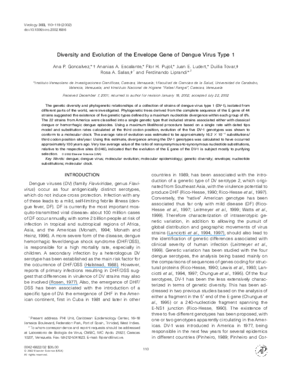 (PDF) Diversity and Evolution of the Envelope Gene of Dengue Virus Type 1