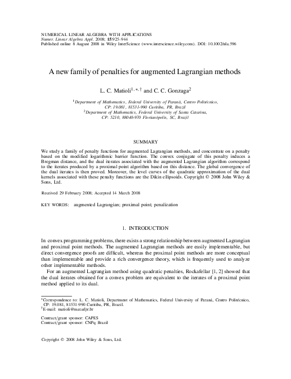 (PDF) A new family of penalties for augmented Lagrangian methods