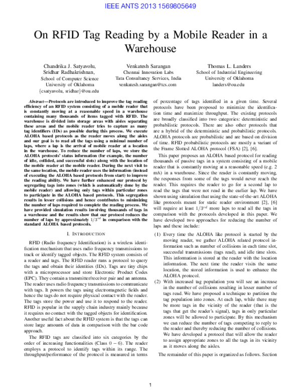 (PDF) On RFID tag reading by a mobile reader in a warehouse