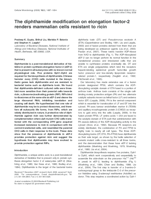 (PDF) The diphthamide modification on elongation factor-2 renders ...
