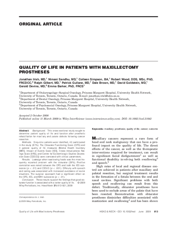 (PDF) Quality of life in patients with maxillectomy prostheses