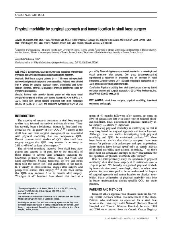 (PDF) Physical morbidity by surgical approach and tumor location in