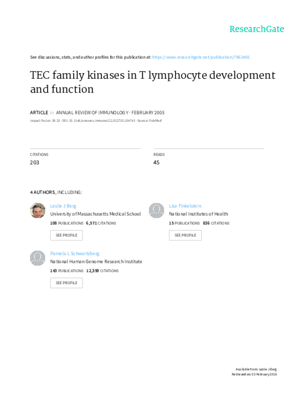 (PDF) TEC FAMILY KINASES IN T LYMPHOCYTE DEVELOPMENT AND FUNCTION*