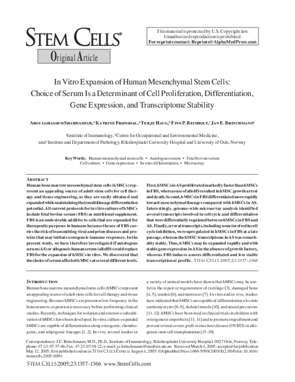 (PDF) In vitro expansion of human mesenchymal stem cells: choice of ...