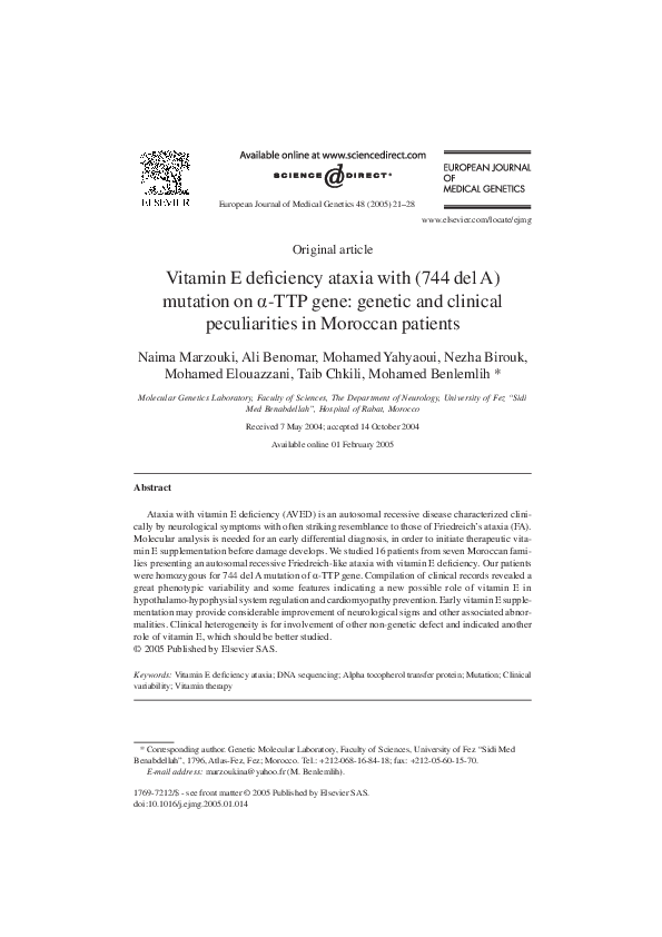 (PDF) Vitamin E deficiency ataxia with (744 del A) mutation on ?-TTP ...