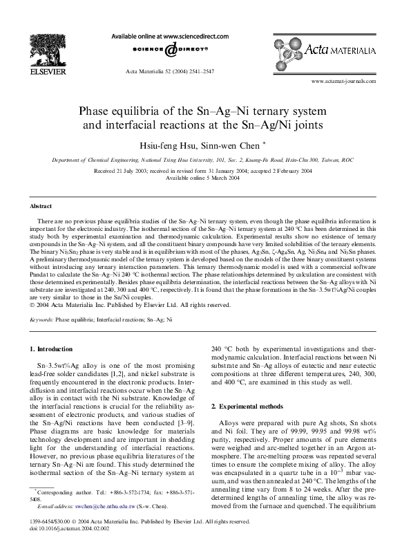 (PDF) Phase equilibria of the Sn–Ag–Ni ternary system and interfacial ...