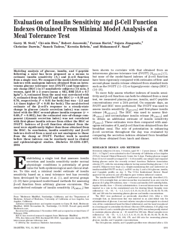 (PDF) Evaluation of Insulin Sensitivity and -Cell Function Indexes ...