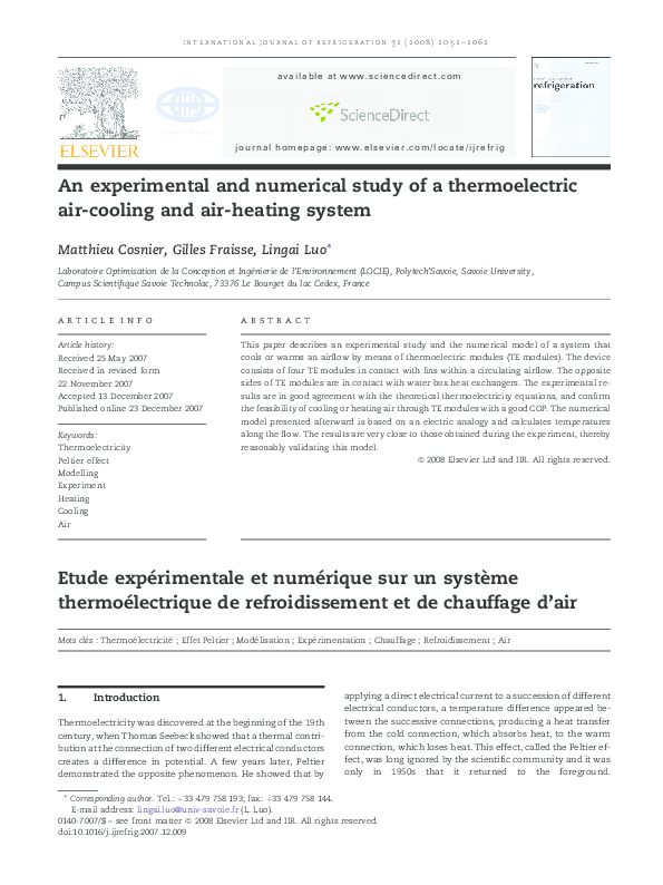 (PDF) An experimental and numerical study of a thermoelectric air ...