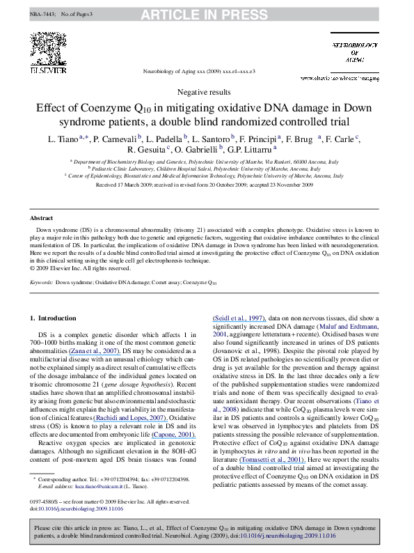 (PDF) Effect of Coenzyme Q10 in mitigating oxidative DNA damage in Down ...