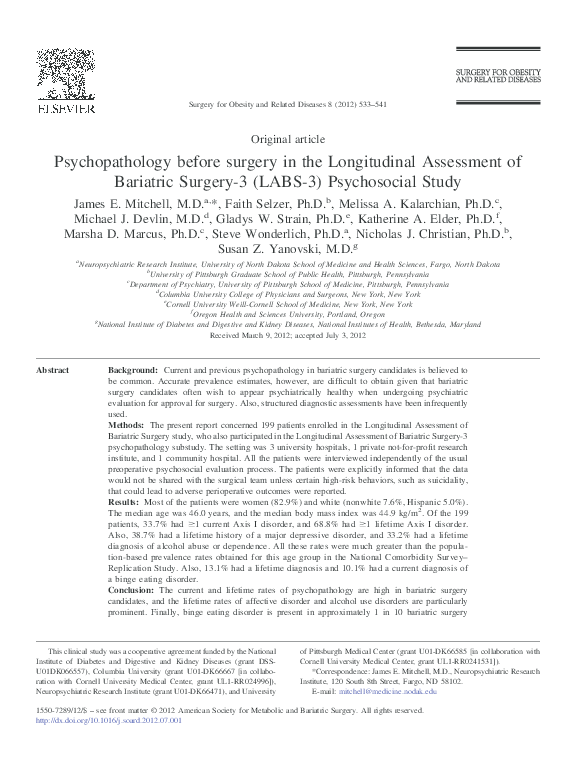 (PDF) Psychopathology before surgery in the Longitudinal Assessment of ...