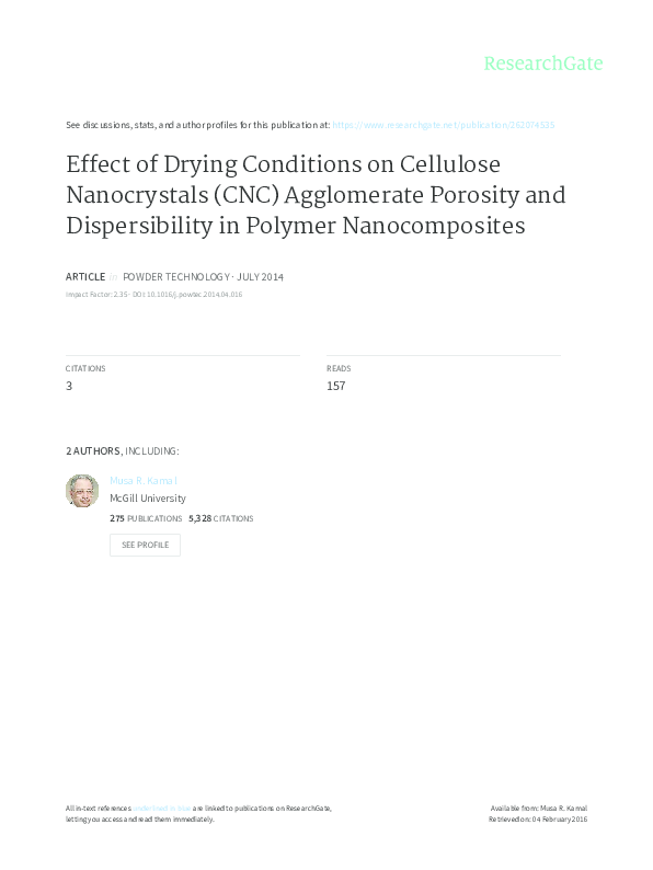 Effect of drying conditions on cellulose nanocrystal (CNC) agglomerate porosity and dispersibility in polymer nanocomposites