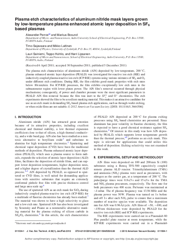 (PDF) Plasma etch characteristics of aluminum nitride mask layers grown ...