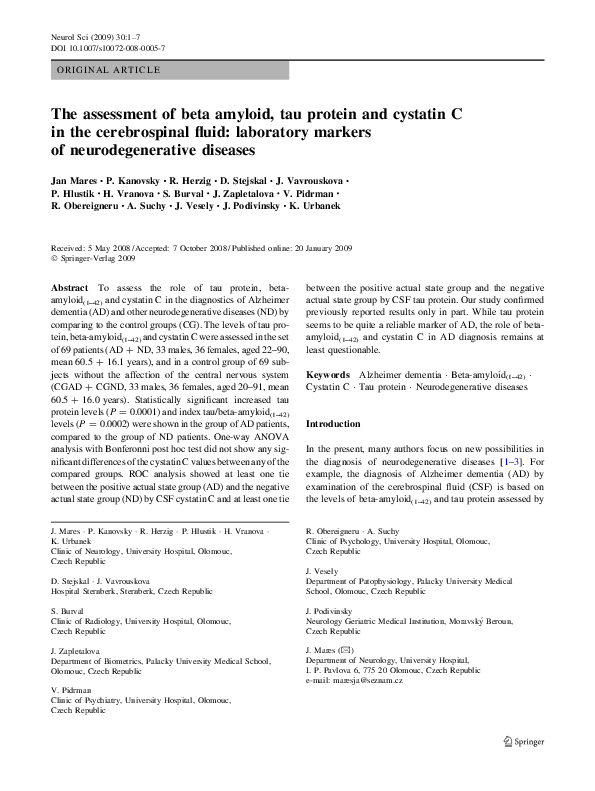(PDF) The assessment of beta amyloid, tau protein and cystatin C in the ...