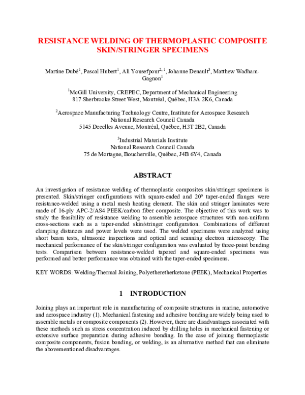 (PDF) RESISTANCE WELDING OF THERMOPLASTIC COMPOSITE SKIN/STRINGER SPECIMENS