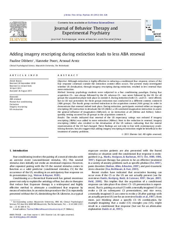 (PDF) Adding imagery rescripting during extinction leads to less ABA ...