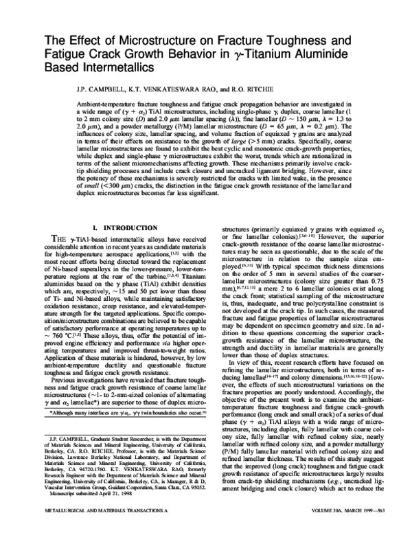 (PDF) The effect of microstructure on fracture toughness and fatigue ...