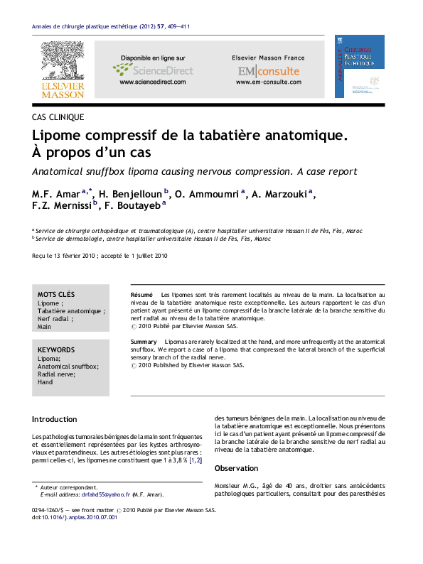 (PDF) Lipome compressif de la tabatière anatomique. À propos d’un cas