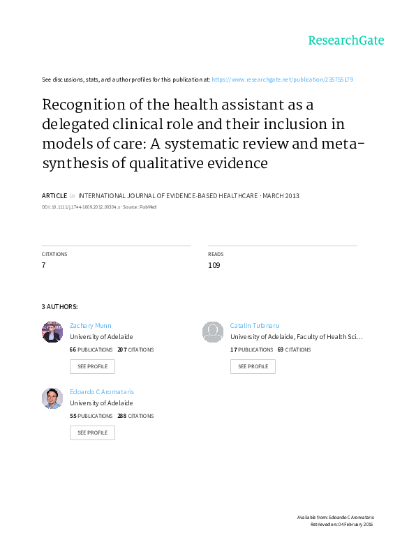 (PDF) Recognition of the health assistant as a delegated clinical role ...