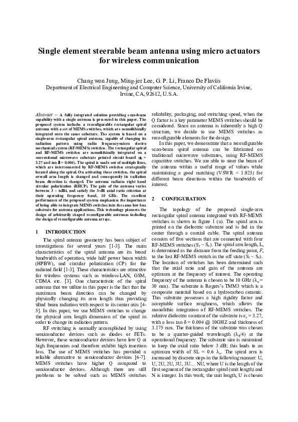 (PDF) Single element steerable beam antenna using micro actuators for ...