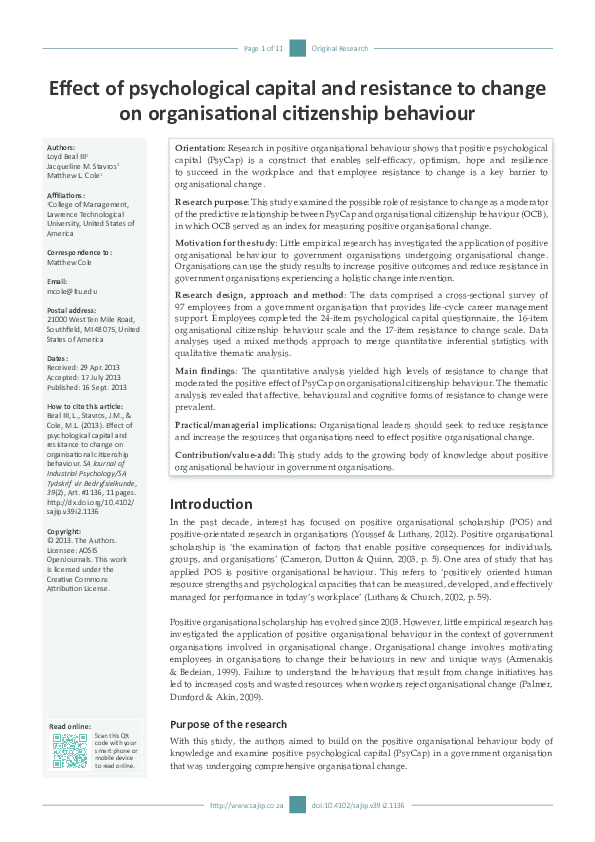(PDF) Effect of psychological capital and resistance to change on ...
