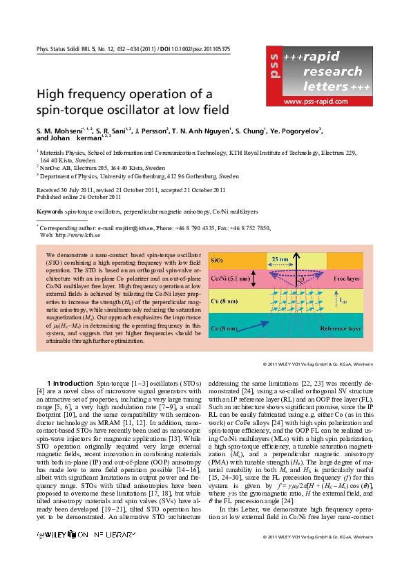 (PDF) High frequency operation of a spin-torque oscillator at low field