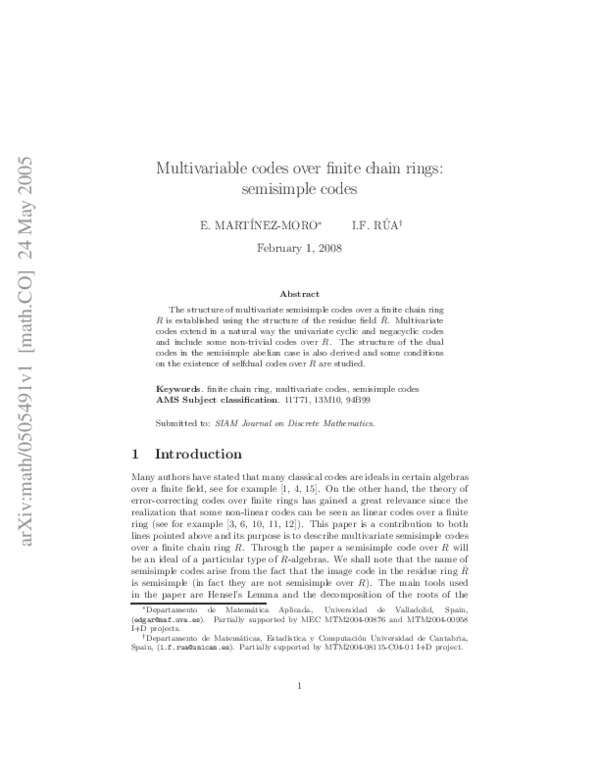 (PDF) Multivariable Codes Over Finite Chain Rings: Serial Codes