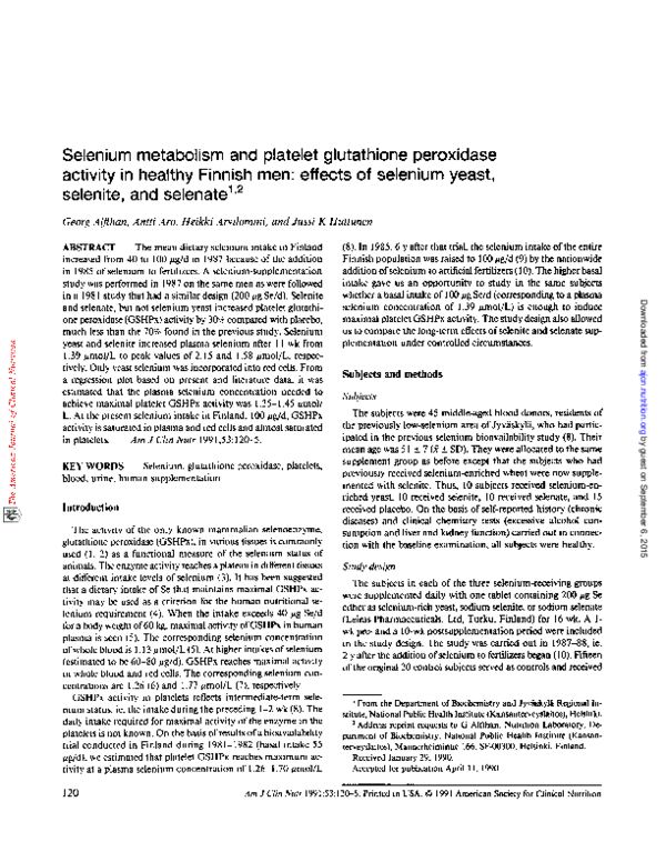 PDF) Selenium metabolism and platelet glutathione peroxidase activity in healthy Finnish men: effects of selenium yeast, selenite, and selenate
