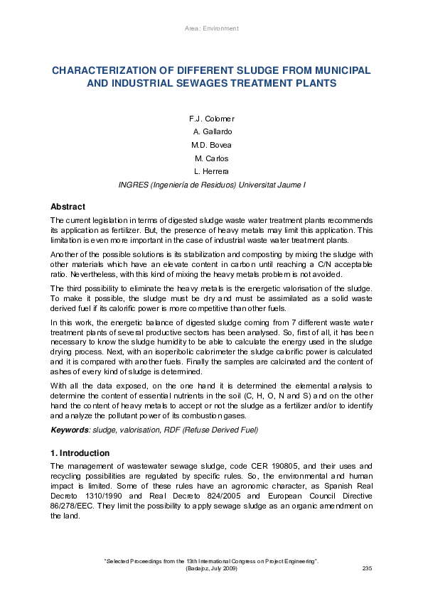 (PDF) Characterization of different sludge from municipal and ...