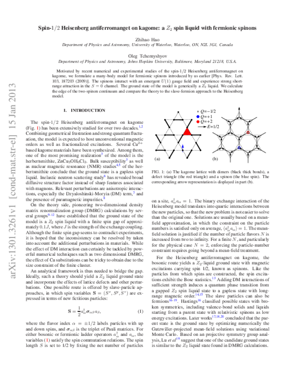 (PDF) Spin-1/2 Heisenberg antiferromagnet on the kagome lattice: Z_{2 ...