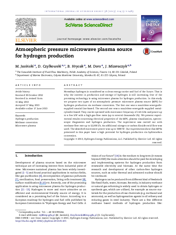 (PDF) Atmospheric pressure microwave plasma source for hydrogen production