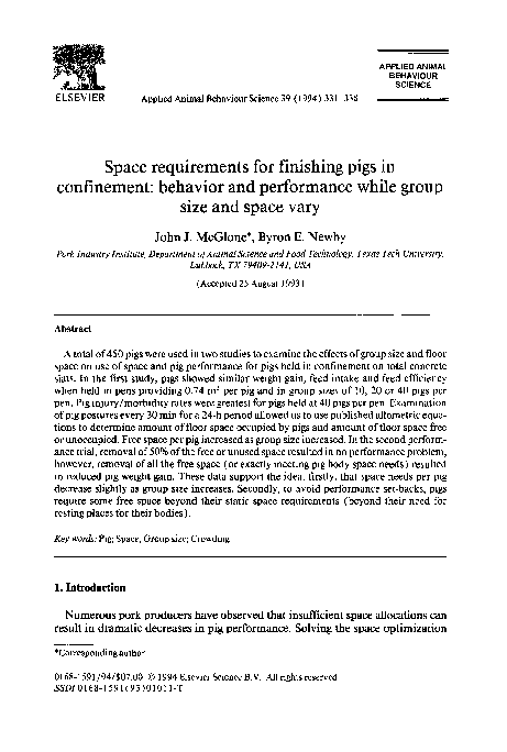  PDF Space Requirements For Finishing Pigs In Confinement Behavior And Performance While Group 